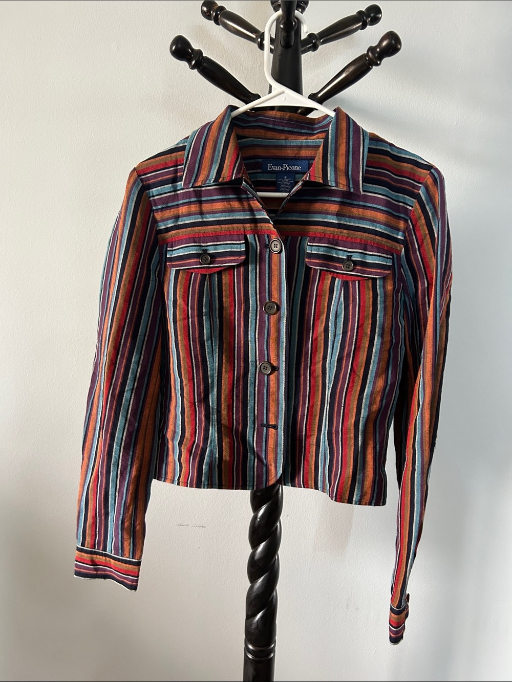 Evan Picone Multicolor Striped Jean Jacket — Red, Blue, Orange, Purple, Cream